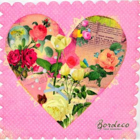 Serwetka decoupage firmy ADWI serce z różami 15x15cm